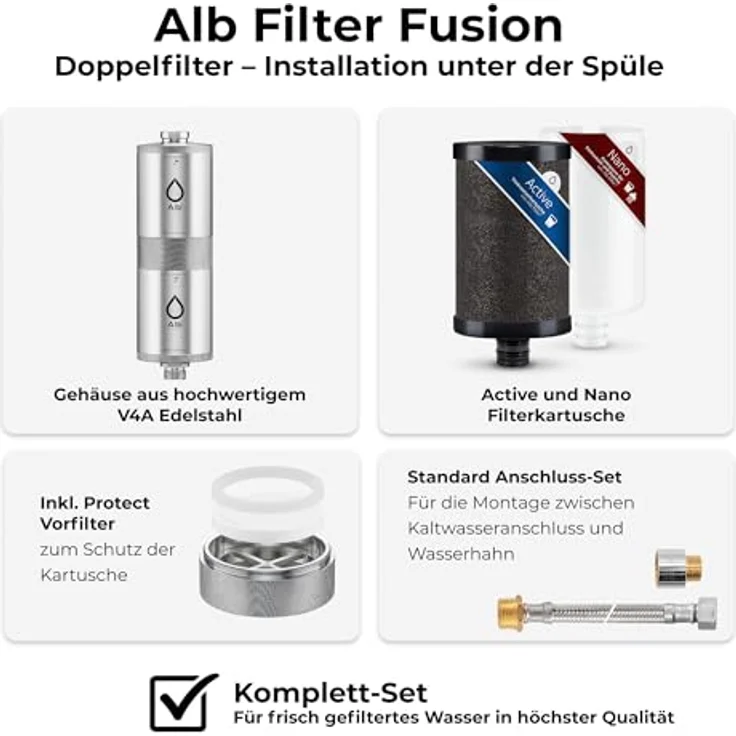 Alb Filter Fusion Untertisch-Wasserfilter Active und Nano, Doppelstufen-Filtration, 0,1 Mikrometer Hohlfasermembran, Legionellen- und Bakterienschutz, inkl. Standard-Anschluss-Set und Protect Vorfilter – Bild 3
