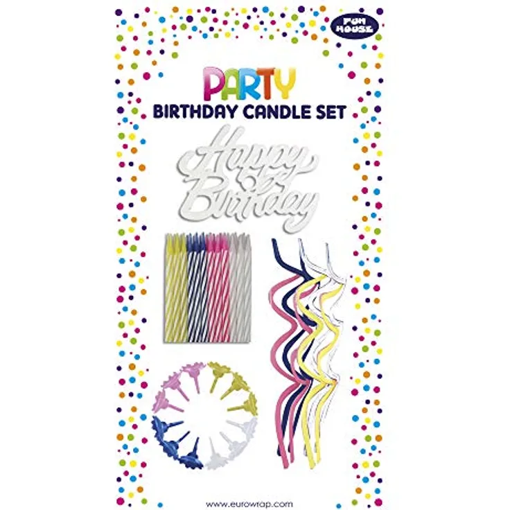 Clairefontaine 12642-GC - Set mit 16 Kerzen 6 cm hoch gedreht (+ 12 Kerzenhalter) + 8 Kerzen 13 cm hoch verdreht sortierte Farben + Deko ''Happy Birthday'', 1 Set, Weiß
