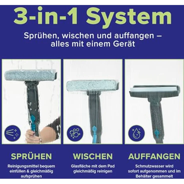 Lichterblitz Fensterreiniger 3-in-1 Sprühwischer Set, 6-teilig mit Teleskopstange und waschbaren Wischtüchern für streifenfreie Reinigung von Glasoberflächen – Bild 3