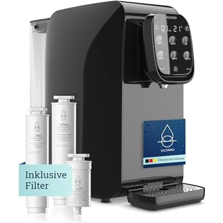 VILTARO® Osmoseanlage Trinkwasser [schwarz, 5-stufiges Filtersystem, 6 Temperaturstufen, mobil ohne Wasseranschluss] | Umkehrosmoseanlage | Osmose Wasserfilter | Kalkfilter | Trinkwasserfilter – Bild 1