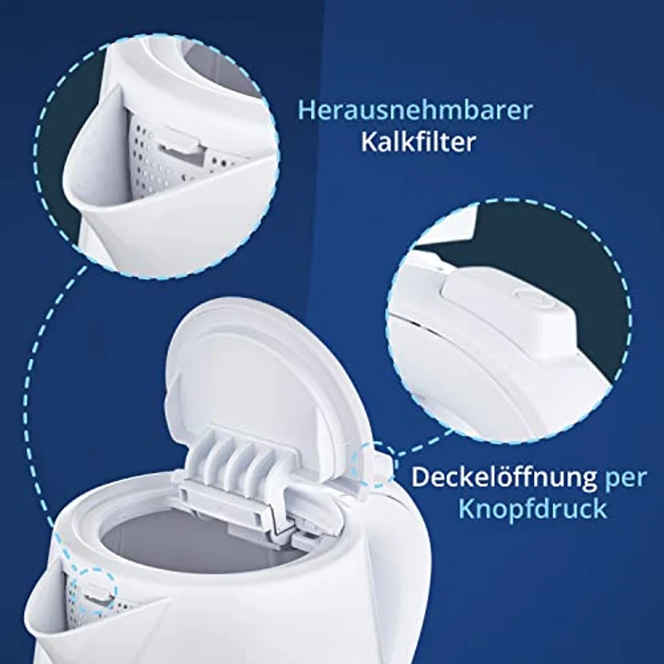 KHG Wasserkocher WK-100W, Kunststoff weiß, 1 Liter, abwaschbarer Kalkfilter, Wasserstandsanzeige, Trockengehschutz, 2200 Watt – Bild 5