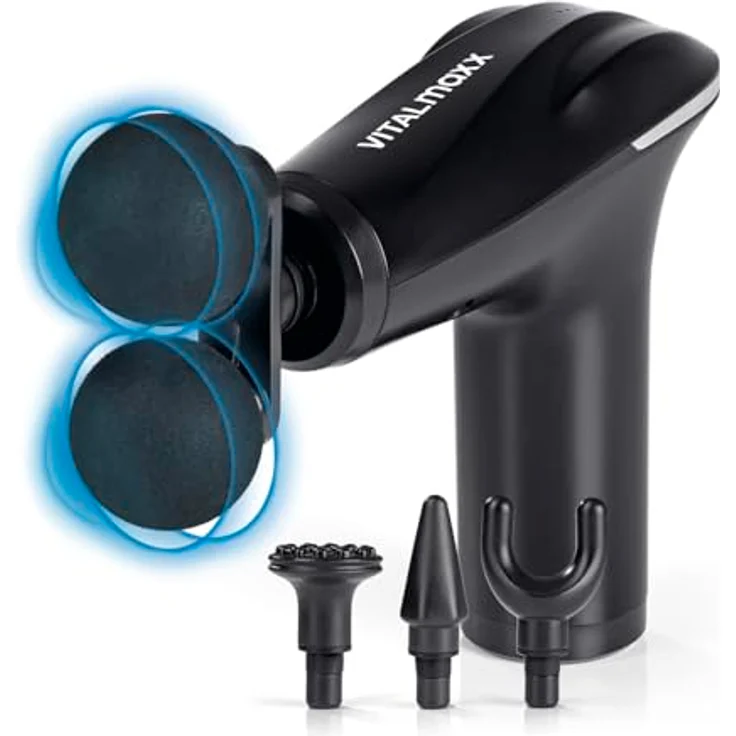VITALmaxx Massagepistole | Mini Massage Gun mit 6 Leistungsstufen – extra kraftvoll | Massagegerät mit 4 Aufsätzen zur Muskelmassage & Lockerung von Verspannung, inkl. Dual-Kugelaufsatz – Bild 1
