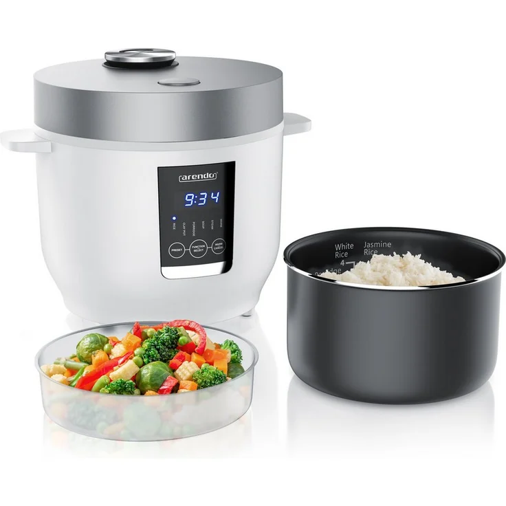Arendo Reiskocher Digitaler Multikocher, 2 Liter, 5 Kochprogramme, Timer, Warmhaltefunktion, antihaftbeschichteter Gartopf, inkl. Reislöffel und Messbecher, 350 W