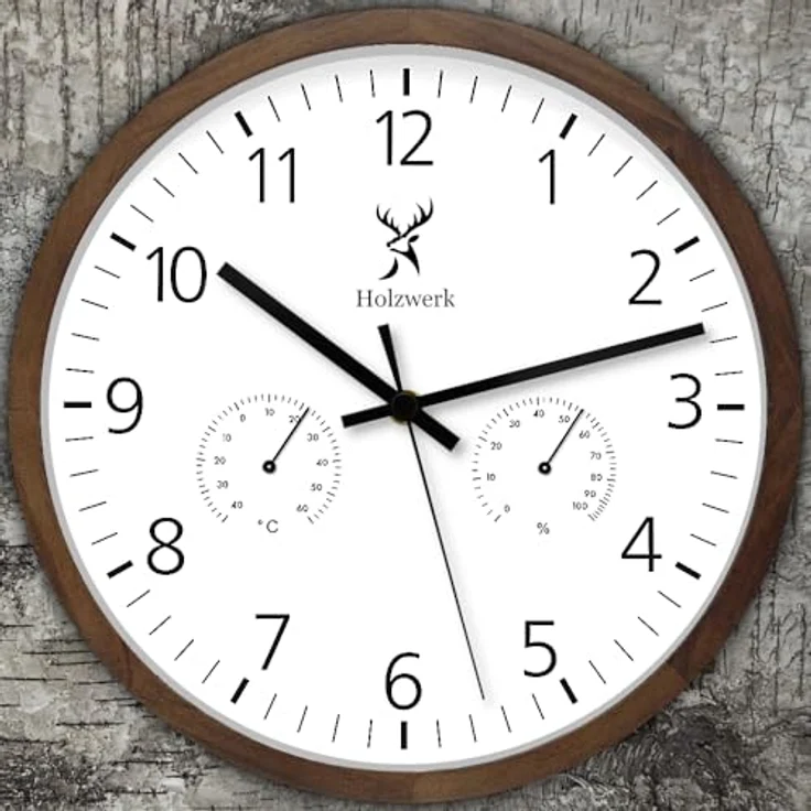 Holzwerk Wanduhr, Rund, 30 cm, Braun/Weiß, mit Thermo-Hygrometer, Quarzwerk, Holz-Optik – Bild 6