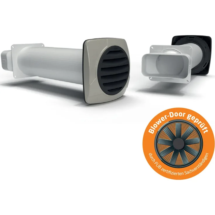 Airtec Flachrohr 175x80mm Teleskopmauerkasten 350-680mm Rückschlagventil, Aluminium in Edelstahloptik, UV-beständig