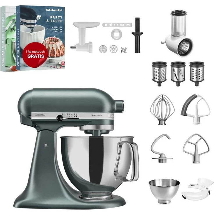 KitchenAid 5KSM175 Artisan Küchenmaschine, 4,8 L, 300 W, Allrounderset mit Edelstahlschüsseln und Zubehör in Edelstahl