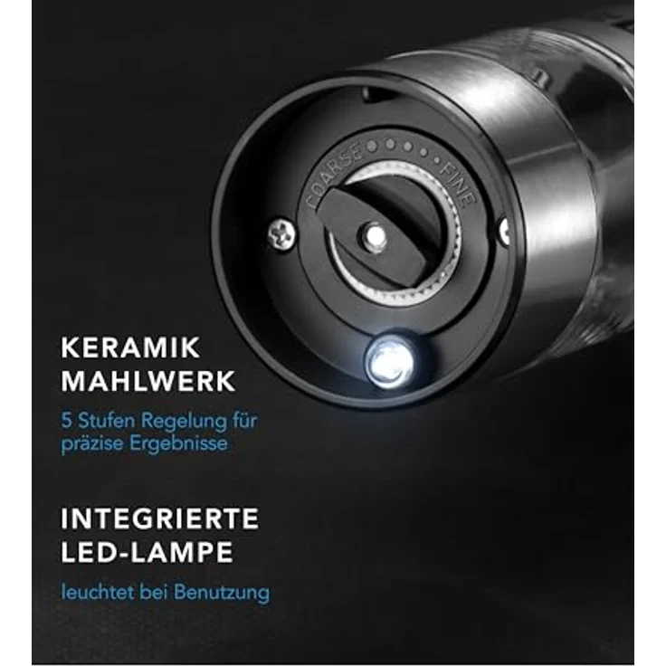 Lebenlang LBL9599, Pfeffermühle + Salzmühle, Keramikmahlwerk, LED-Leuchte, Silber-Schwarz – Bild 5
