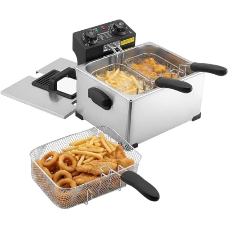VEVOR Gewerbliche Elektrische Fritteuse, 5,2 L Ölkapazität, 2500 W, Edelstahl, Tischgerät mit zwei kleinen und einem großen Frittierkorb, Überhitzungsschutz, Temperaturregelung und Timer, Silber