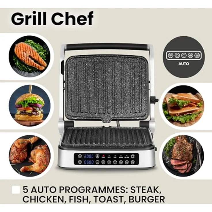 Zeegma Grill Chef Elektrischer Kontaktgrill und Sandwichtoaster 2100W, Herausnehmbare Heizplatten, 2in1, 180 ° Klappbar, ILAG-Antihaftbeschichtung, Tropfschale, Akustische Benachrichtigungen (SILVER) – Bild 4