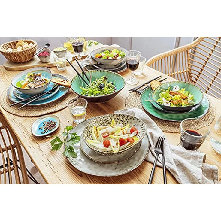 SÄNGER Salatschüssel Palm Beach, Steingut, 4-tlg. Set mit Krakellee-Effekt und Vintage Design, türkis/braun – Bild 3