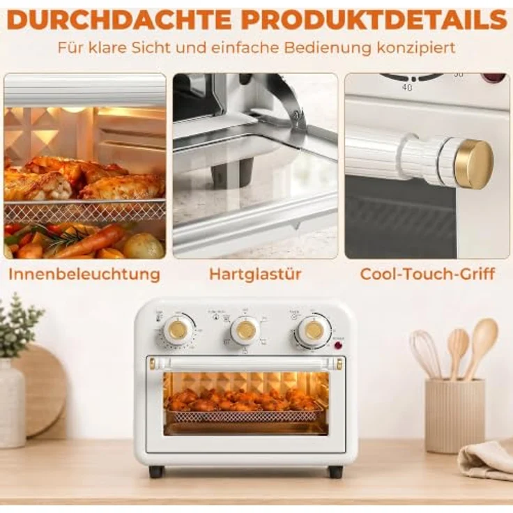 HOMCOM Minibackofen Heißluftfritteuse 2-in-1 mit 12 l und 1200 W, cremeweiß-gold, mit Backblech und Frittierkorb – Bild 8