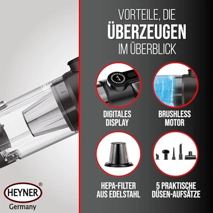 HEYNER VacuBooster Pro, Handstaubsauger mit 120W und 16.000 Pa, bürstenlos, beutellos, inkl. HEPA-Filter, in Schwarz – Bild 4