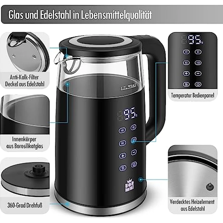 Forme Glas Wasserkocher 1,7 Temperatureinstellung Temperaturwahl 40-100°C LED Smart Digital Temperaturanzeige BPA FREI Einstellbar Glaskessel I Edelstahl Glaswasserkocher Teekessel Warmhaltefunktion - Preisvergleich – Bild 3