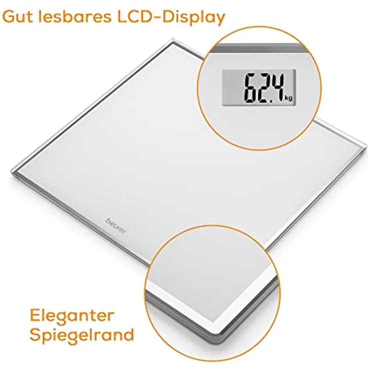 Beurer GS 120 Kompakt Glaswaage mit elegantem Spiegeleffekt in platzsparendem Kompaktformat, 27 x 26 cm, gut lesbare LCD-Anzeige, Ziffernhöhe 22 mm, flache Digitalwaage, Tragkraft bis 150 kg – Bild 3