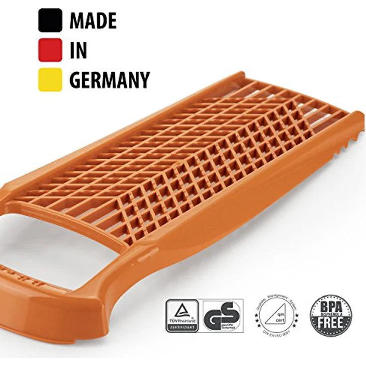 Börner Reibe PowerLine (Fein & Grob) • Küchenreibe für Gemüse, Obst und Käse • Gemüsereibe beidseitig verwendbar • Gemüsehobel • Käsereibe • Küchenhobel (Orange) – Bild 4
