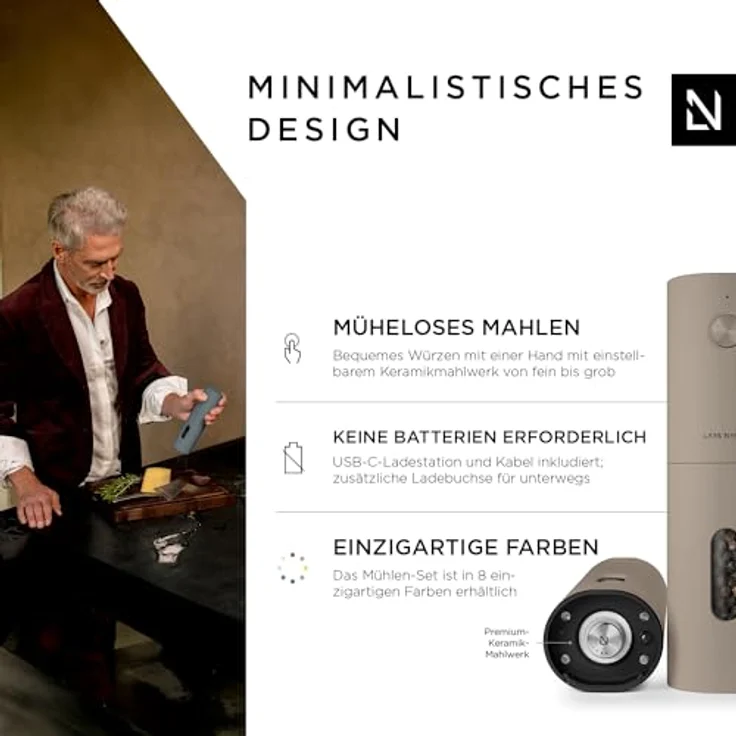 LARS NYSØM Salz und Pfeffer Mühle Elektrisch 2er Set mit einstellbarem Keramik-Mahlwerk von grob bis fein I Design Gewürzmühlenset Automatisch (2 Stück, Greige) – Bild 2