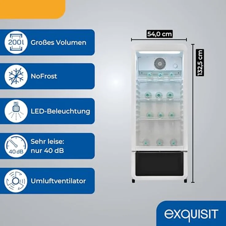 exquisit Getränkekühlschrank GKS180-GT-430D, 200l Glastürkühlschrank mit LED-Beleuchtung, Umluftventilator, 3 Ablagen, automatisches Abtauverfahren, schwarz – Bild 3