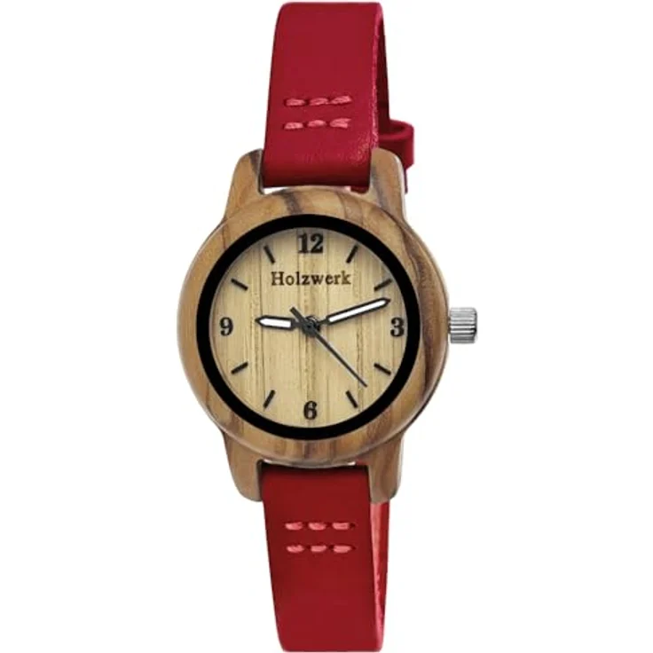 Holzwerk Quarzuhr CLARA RED kleine Damen Holz & Leder Armband Uhr, dunkel rot, beige - Zierliche Armbanduhr mit fluoreszierenden Uhrzeigern und hochwertigem japanischem Quarzwerk – Bild 2