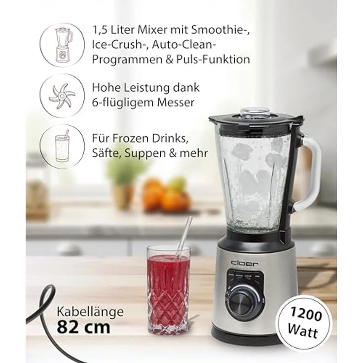 Cloer 6958 Standmixer, 1,5 l Glasbehälter, 6-flügliges Messer, Smoothie-, Ice-Crush- und Auto-Clean-Programme, Puls-Funktion, stufenlos, Edelstahl/Schwarz – Bild 3