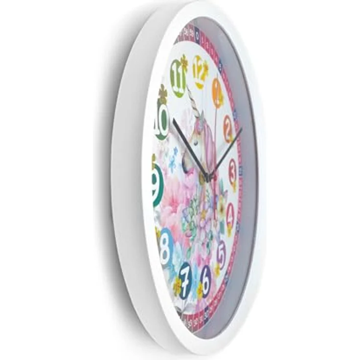 K&L Wall Art Lautlose rosa Kinder Wanduhr für Mädchen langlebige Einhorn Fee Lernuhr 30cm groß Uhrzeit lesen Lernen Blumen Kinderuhr Lesehilfe (30cm Einhorn Prinzessin) – Bild 5