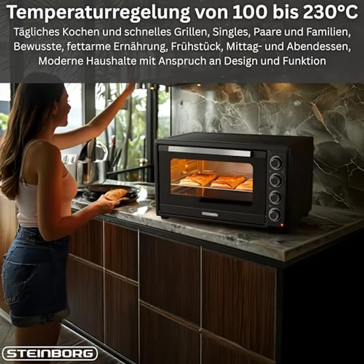 STEINBORG Minibackofen SB-3019, 60L, 2000W mit Umluft, Drehspieß und Timer, kompakt schwarz – Bild 6
