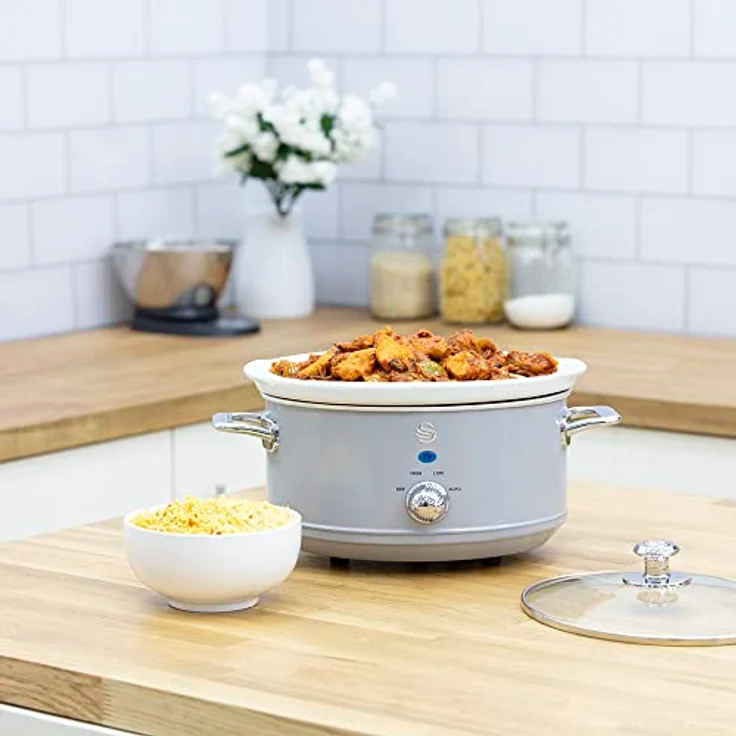 Swan Retro SF17021GRNEU Slow Cooker 3,5L Abnehmbarer Kochbehälter, PFOA- und PTFE-freier Keramischer Antihaft-Behälter, 3 Temperaturstufen, Glasdeckel, Vintage-Design, Grau, 200W – Bild 3