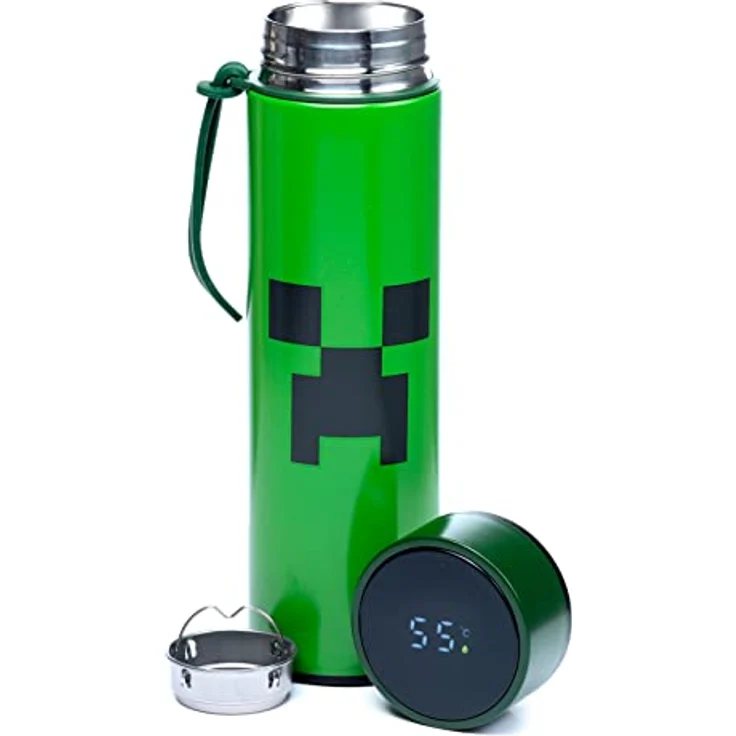 Puckator Minecraft Creeper Edelstahl Trinkflasche 450ml mit Digital Thermometer, abnehmbarem Teesieb, BPA-frei, isoliert – Bild 1