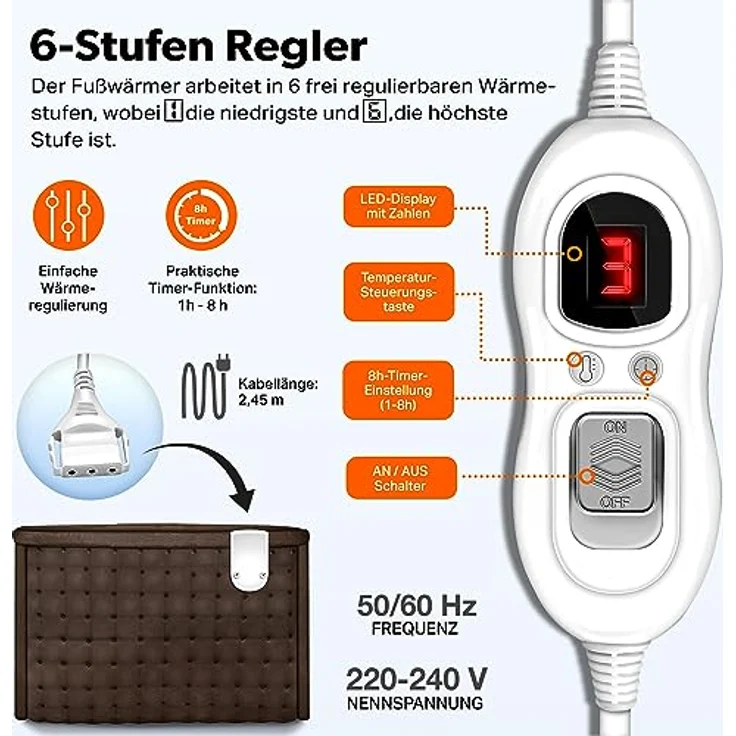 sinnlein Fußwärmer mit 6 Temperaturstufen & Timer | Fußheizung elektrisch | Überhitzungsschutz & Abschaltautomatik (Braun) – Bild 3