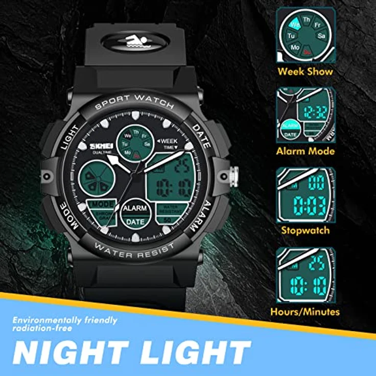 Dislocati Kinder Digitaluhr für Jungen, wasserdicht mit LED-Hintergrundbeleuchtung, verstellbares Armband, geeignet für 4-10 Jahre – Bild 2