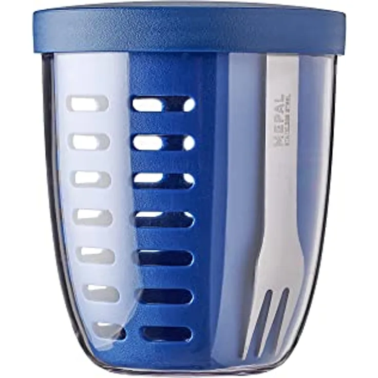 Mepal - Fruitpot Ellipse - Ideal für Früchte, Obst und Gemüse unterwegs - Mit Abtropfsieb und Gabel - Spülmachinenfest - 600 ml - Vivid Blue
