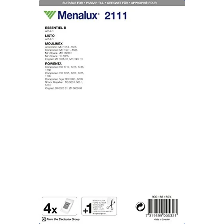 Menalux 2111 Staubsaugerbeutel Synthetik Duraflow, 4 Stück für Moulinex/Rowenta mit TÜV geprüftem Filter und langer Lebensdauer – Bild 2