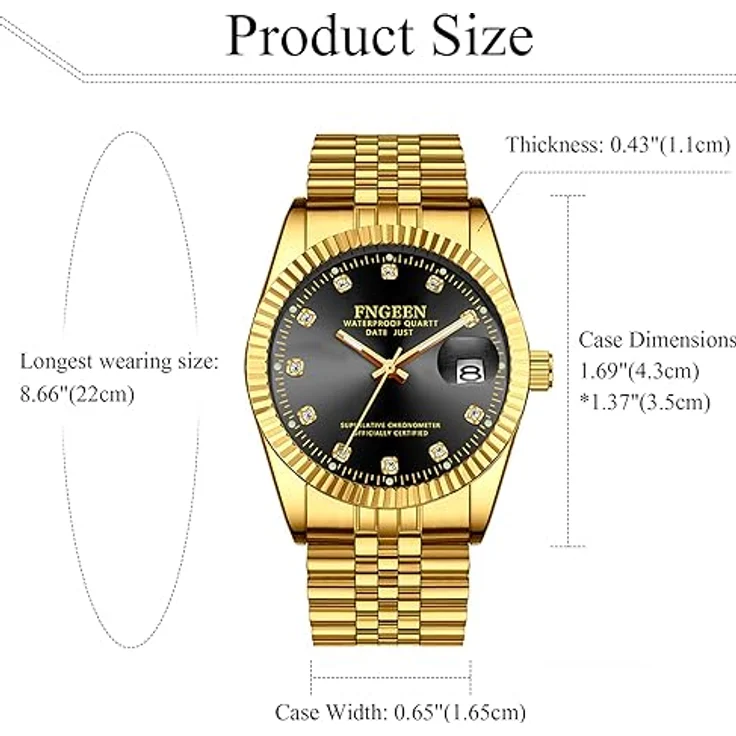 JewelryWe Herren Armbanduhr Edelstahl Gold, 30m wasserdicht, Analog Quarz mit Datum, Schwarz rundes Zifferblatt und Leuchtzeiger – Bild 2