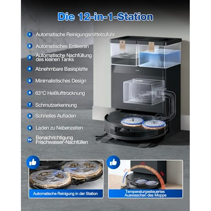 ECOVACS DEEBOT T50 MAX PRO Omni Saugroboter mit Wischfunktion, 18.500Pa, ZeroTangle 2.0, Tiefenreinigung für Teppiche, Ausfahrbare Seitenbürste & Wischmodul, Heißwasser-Reinigung 40-75℃, Schwarz – Bild 5