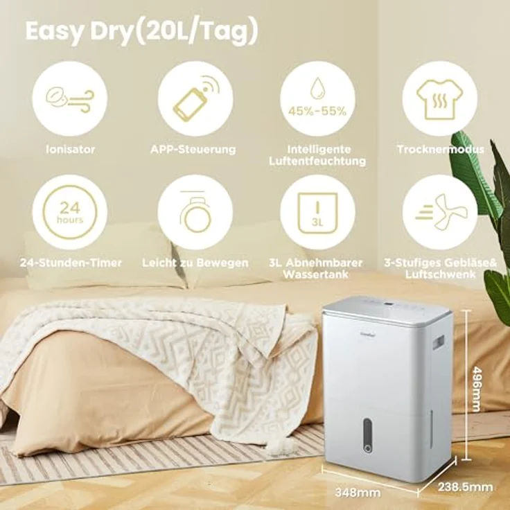Comfee Easy Dry Luftentfeuchter, 20L/Tag, 4 Modi, 3L Tank, Wäschetrockner mit Swing-Funktion, für Räume bis 40㎡, Weiß – Bild 2