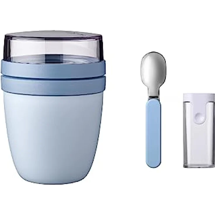 Mepal Klapplöffel-Set mit Lunchpot Ellipse, praktischer Joghurtbecher & Müslibecher, auslaufsicher, mikrowellen- und gefrierfest, Nordic Blue – Bild 1