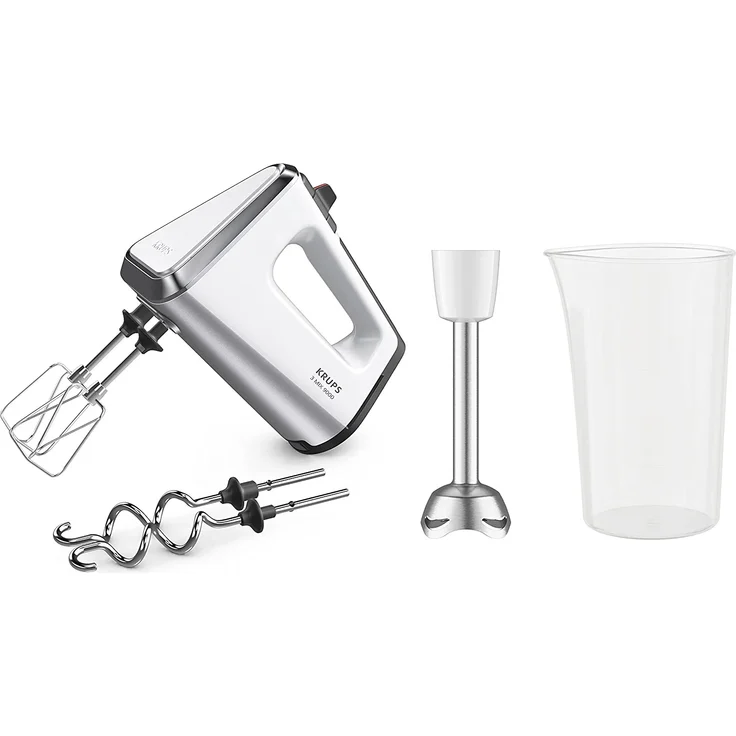 Krups GN912111 3 Mix 9000 Handmixer, 750 Watt, stufenlos regelbar, Turbotaste, Auswurffunktion, inkl. Schneebesen, Knethaken, Pürierstab-Aufsatz, Messbecher, weiß, silber – Bild 1