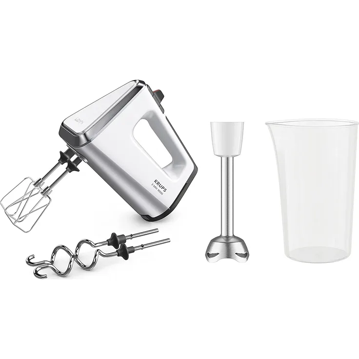 Krups GN912111 3 Mix 9000 Handmixer, 750 Watt, stufenlos regelbar, Turbotaste, Auswurffunktion, inkl. Schneebesen, Knethaken, Pürierstab-Aufsatz, Messbecher, weiß, silber