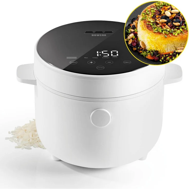 N8WERK 05298 Digitaler Reiskocher, 400 Watt, 2 Liter, 5 Programme, Warmhaltefunktion, inkl. Dampfgarer-Einsatz, Warmhaltefunktion, antihaftbeschichtet, weiß – Bild 2