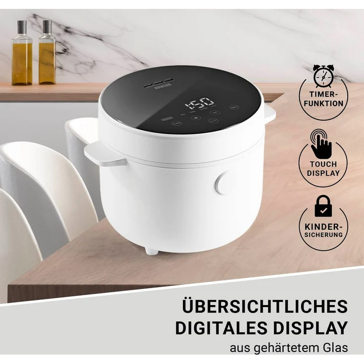 N8WERK 05298 Digitaler Reiskocher, 400 Watt, 2 Liter, 5 Programme, Warmhaltefunktion, inkl. Dampfgarer-Einsatz, Warmhaltefunktion, antihaftbeschichtet, weiß – Bild 3