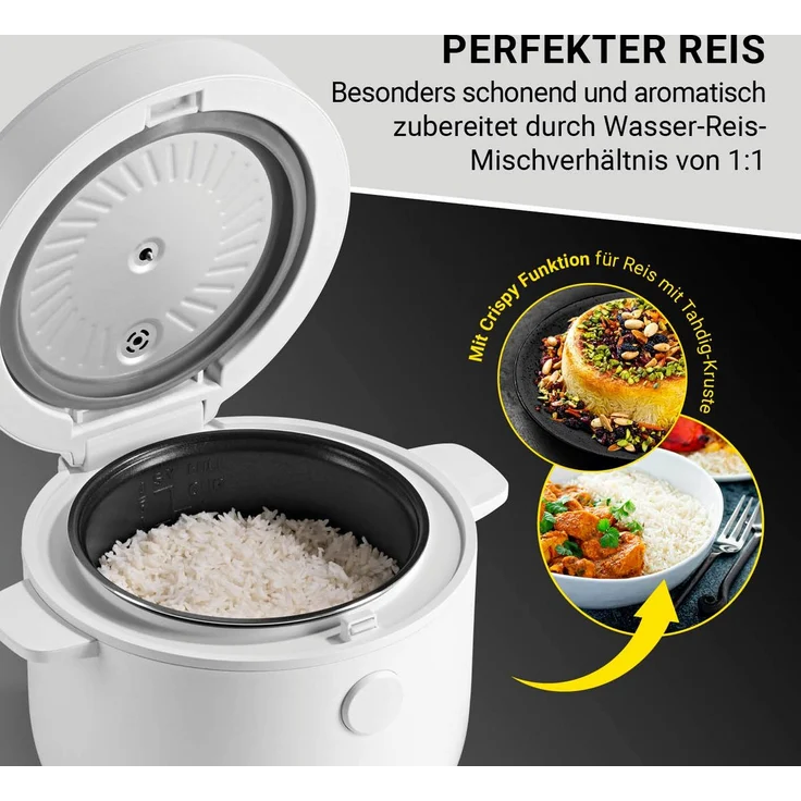 N8WERK 05298 Digitaler Reiskocher, 400 Watt, 2 Liter, 5 Programme, Warmhaltefunktion, inkl. Dampfgarer-Einsatz, Warmhaltefunktion, antihaftbeschichtet, weiß – Bild 4