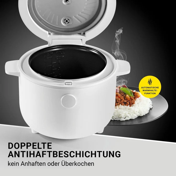 N8WERK 05298 Digitaler Reiskocher, 400 Watt, 2 Liter, 5 Programme, Warmhaltefunktion, inkl. Dampfgarer-Einsatz, Warmhaltefunktion, antihaftbeschichtet, weiß – Bild 8