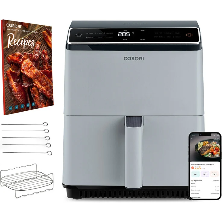 Cosori Dual Blaze XXL Heißluftfritteuse, ohne Fett, 1700 W, 6,4 Liter, bis 205 °C, antihaftbeschichtet, LED-Display, Kunststoff, Metall, grau – Bild 2