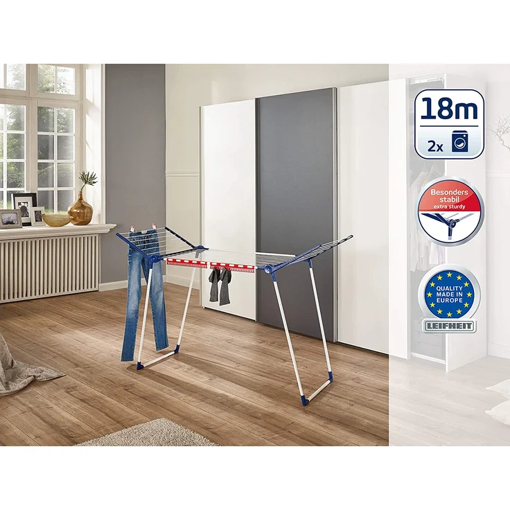 Leifheit Pegasus 180 Solid Wäscheständer mit Flügeln, 18 m Trockenlänge, für 2 WL, inkl. 2 Kleinteilehalter, für drinnen & draußen 81514, energiesparend – Bild 5
