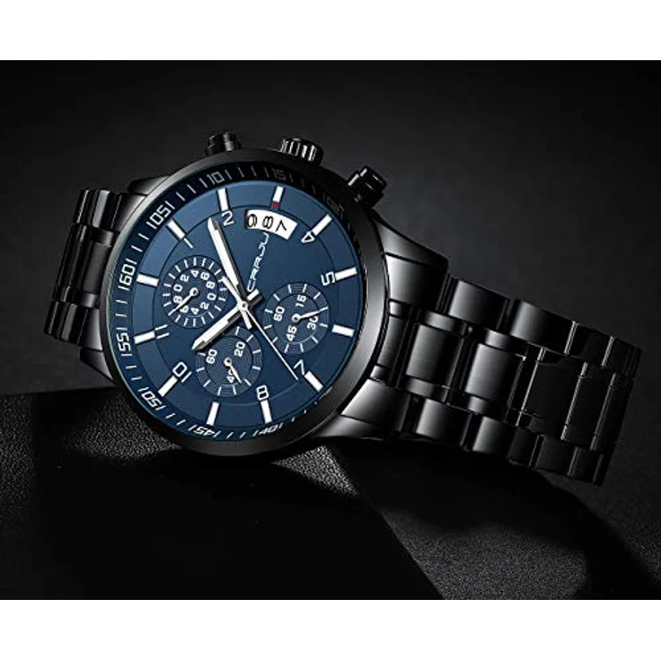 CRRJU Herren Chronograph Armbanduhr, wasserdicht, Edelstahlarmband, analog, Quarzwerk mit Kalender, Schwarz Blau Silber – Bild 4