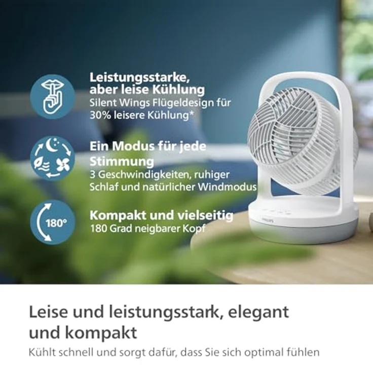 Philips Tischventilator Serie 2000, leistungsstark und extrem leise, 23 dB, Luftumwälzung, 180° Neigung, 12-Stunden-Zeitschaltuhr, CX2050, Weiß – Bild 5