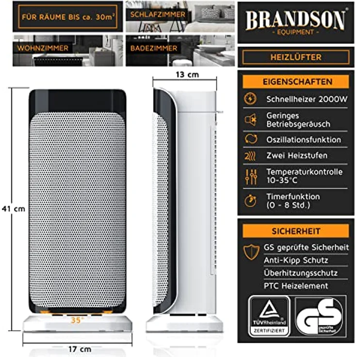 Brandson Heizlüfter mit Fernbedienung - Keramik-Heizlüfter Badezimmer energiesparend leise - Schnellheizer mit Oszillationsfunktion - 2x Heizstufen - Timer - Heizung Heater - GS-zertifiziert, Heizlüfter – Bild 4
