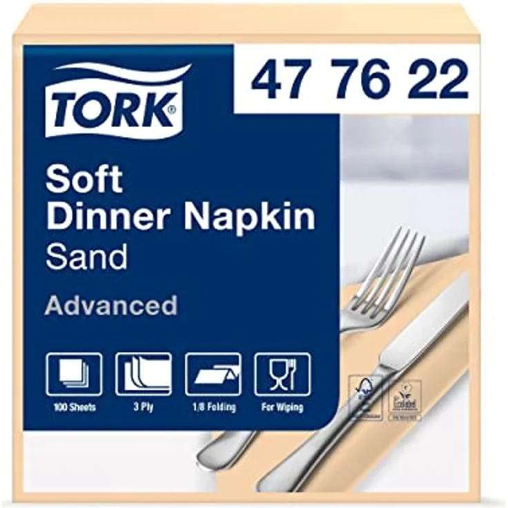 Tork 477622 Soft Dinnerservietten Sand 1/8 Falz / 3-lagige Papierservietten / Ideale Größe für ein Abendessen / Advanced Qualität / 12 x 100 (1200) vorgefaltete Servietten / 39 x 39 cm (B x L)
