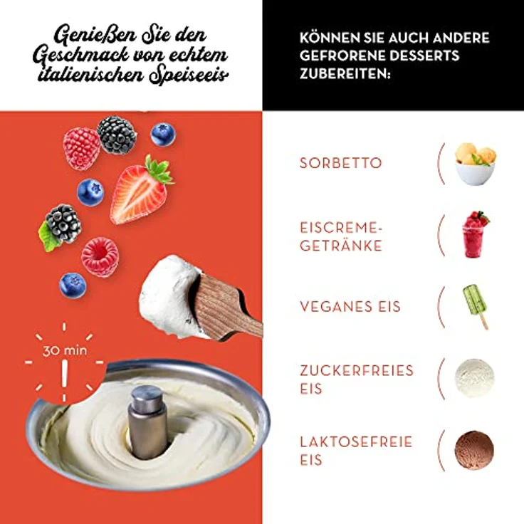 Musso Mini Lussino 4080 Eiscreme-Maschine | 0,75l Eiscreme in 30min | Italienische Eiscreme-Maschine für Zuhause | Vegane oder zuckerfreie Eiscreme, Gelato, Sorbet, Slush-Eis | Einfach zu benutzen – Bild 5