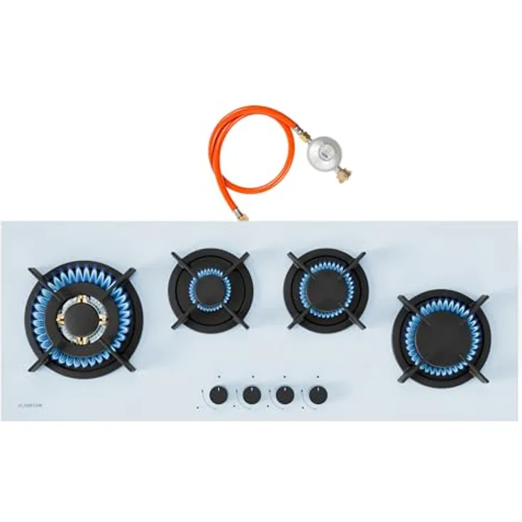 Klarstein Goldflame 4 Slim Gaskochfeld, 4 Messingbrenner, 3,4kW, 2,4kW, 1,8kW, 1kW, Weiß, inkl. Schlauch & Druckminderer