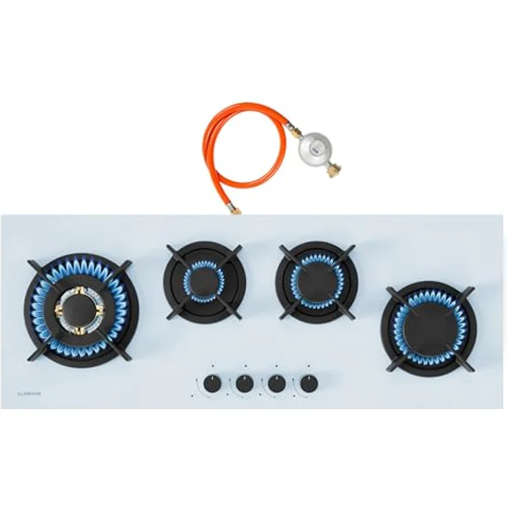 Klarstein Goldflame 4 Slim Gaskochfeld, 4 Messingbrenner, 3,4kW, 2,4kW, 1,8kW, 1kW, Weiß, inkl. Schlauch & Druckminderer – Bild 1